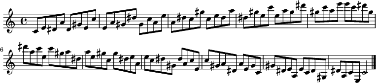 
{

\modalTranspose c c' { c dis e gis a } { c8 e dis a } 
\modalTranspose c dis' { c dis e gis a } { c e dis a } 
\modalTranspose c e' { c dis e gis a } { c e dis a } 
\modalTranspose c gis' { c dis e gis a } { c e dis a } 
\modalTranspose c a' { c dis e gis a } { c e dis a } 
\modalTranspose c c'' { c dis e gis a } { c e dis a } 
\modalTranspose c dis'' { c dis e gis a } { c e dis a } 
\modalTranspose c e'' { c dis e gis a } { c e dis a } 
\modalTranspose c gis'' { c dis e gis a } { c e dis a } 

\modalInversion c e''' { c dis e gis a } { c e dis a } 
\modalInversion c dis''' { c dis e gis a } { c e dis a } 
\modalInversion c c''' { c dis e gis a } { c e dis a } 
\modalInversion c a'' { c dis e gis a } { c e dis a } 
\modalInversion c gis'' { c dis e gis a } { c e dis a } 
\modalInversion c e'' { c dis e gis a } { c e dis a } 
\modalInversion c dis'' { c dis e gis a } { c e dis a } 
\modalInversion c c'' { c dis e gis a } { c e dis a } 
\modalInversion c a' { c dis e gis a } { c e dis a } 
\modalInversion c gis' { c dis e gis a } { c e dis a } 
\modalInversion c e' { c dis e gis a } { c e dis a } 
\modalInversion c dis' { c dis e gis a } { c e dis a } 

c'2

\bar "|."
}
