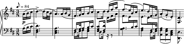 
\version "2.18.2"
\header {
  tagline = ##f
}
upper = \relative c'' {
  \clef treble 
  \key d \major
  \time 3/8
  \tempo 8 = 84

   %%Schubert — Fantaisie D.894 mvt 2, Andante
   \partial 8. a16(\p b cis d4~)-> d16[( cis32 b] a8.) a16( b g fis16.) g32 a8 b16 cis cis8[ d16]
   \stemUp d16^( fis a fis8.) e16^( b cis e8.)  d16( fis,16. g32 a8)(-. g-. e-.) 
   \crossStaff { < d fis, >8. }

}

lower = \relative c {
  \clef bass
  \key d \major
  \time 3/8

   a'16( b cis < d fis, d >4.) < a e cis > 
   << { fis16. g32 a8 b16 cis < cis g e >8[ < d fis, >16] \stemDown \change Staff = "upper" d16( fis a } \\ { d,,16. e32 fis8 < g e >8 d~ d16 r16 r8 } >>
   
   << { \stemDown \change Staff = "upper" fis'8.) e16 \stemUp \change Staff = "lower" b cis \stemDown \change Staff = "upper"  e8. d16  \stemUp \change Staff = "lower"  fis,16. g32 } \\ { < g a >4. < a fis >4 d,16. e32 < a fis a, >8-.( < g e a, >-. < e cis a >-.) < d d, >8. } >>
}

  \header {
    piece = ""
  }

\score {
  \new PianoStaff <<
    \new Staff = "upper" \upper
    \new Staff = "lower" \lower
  >>
  \layout {
    \context {
    \PianoStaff
    %\consists #Span_stem_engraver
      
    }
  }
  \midi { }
}
