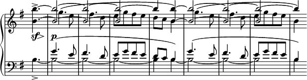 
 \relative c' {
  \new PianoStaff <<
   \new Staff \with { \remove "Time_signature_engraver" } { \key g \major \time 2/4 \partial 4.
    <<
     {
      \once \stemDown <b''~ b,~>4.-> <b~ b,~>2 <b~ b,~> <b~ b,> b4 \stemDown b,
      \stemUp <b'~ b,~>2 <b~ b,~> <b b,> \stemDown b,4
     }
    \\
     {
      s4. \once \override NoteColumn.force-hshift = 1.5 g'^\( e8
      \once \override NoteColumn.force-hshift = 1.5 fis4. d8
      e[ g fis e] d c \once \stemUp <b' b,>4\)
      \once \override NoteColumn.force-hshift = 1.5 g4.^\( e8
      \once \override NoteColumn.force-hshift = 1.5 fis4. d8
      e[ g fis e] \once \stemUp b'4\)
     }
    \\
     {
      s4. s2 s s s4 \hideNotes \override NoteColumn.force-hshift = -0.1 <b~ b,~> <b b,>
      s4 s2 b2~ b4
     }
    >>
   }
   \new Dynamics {
    s8\sf s\> s s\p
   }
   \new Staff \with { \remove "Time_signature_engraver" } { \key g \major \time 2/4 \clef bass
    <<
     { s4. g,( e8 fis4. d8 e[ g fis e] d c b4) g'4.( e8 fis4. d8 e[ g fis e] b4) }
    \\
     { b4.->~ b2~ b~ b~ b4 b~ b2~ b~ b b4 }
    >>
   }
  >>
 }
