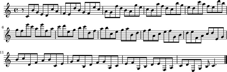 
{

r8
\modalTranspose c c' { c d e f g a b } { c8 b g e }
\modalTranspose c d' { c d e f g a b } { c b g e }
\modalTranspose c e' { c d e f g a b } { c b g e }
\modalTranspose c f' { c d e f g a b } { c b g e }
\modalTranspose c g' { c d e f g a b } { c b g e }
\modalTranspose c a' { c d e f g a b } { c b g e }
\modalTranspose c b' { c d e f g a b } { c b g e }
\modalTranspose c c'' { c d e f g a b } { c b g e }
\modalTranspose c d'' { c d e f g a b } { c b g e }
\modalTranspose c e'' { c d e f g a b } { c b g e }
\modalTranspose c f'' { c d e f g a b } { c b g e }

\modalInversion c e''' { c d e f g a b } { c b g e }
\modalInversion c d''' { c d e f g a b } { c b g e }
\modalInversion c c''' { c d e f g a b } { c b g e }
\modalInversion c b'' { c d e f g a b } { c b g e }
\modalInversion c a'' { c d e f g a b } { c b g e }
\modalInversion c g'' { c d e f g a b } { c b g e }
\modalInversion c f'' { c d e f g a b } { c b g e }
\modalInversion c e'' { c d e f g a b } { c b g e }
\modalInversion c d'' { c d e f g a b } { c b g e }
\modalInversion c c'' { c d e f g a b } { c b g e }
\modalInversion c b' { c d e f g a b } { c b g e }
\modalInversion c a' { c d e f g a b } { c b g e }
\modalInversion c g' { c d e f g a b } { c b g e }
\modalInversion c f' { c d e f g a b } { c b g e }
\modalInversion c e' { c d e f g a b } { c b g e }
\modalInversion c d' { c d e f g a b } { c b g e }


c'4.

\bar "|."
}
