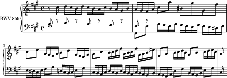 
\version "2.18.2"
\header {
  tagline = ##f
}

upper = \relative c''
{
    \clef treble 
    \key fis \minor
    \time 4/4
    \tempo 4 = 84
    \set Staff.midiInstrument = #"harpsichord" 

   %% PRÉLUDE CBT I-14, BWV 859, fa-dièse mineur

    r8 cis8 d16 cis b d cis b a cis b a gis b | a gis fis a cis8 a' bis, gis' gis, fis' |
    cis8 e a,16 gis fis a b8 d gis,16 fis16 e gis | a8 cis b16 cis d fis a, b cis fis gis, a b eis fis,8 a b16 cis d b gis8 b cis16 d e cis a8
}

lower = \relative c'
{
    \clef bass 
    \key fis \minor
    \time 4/4
    \set Staff.midiInstrument = #"harpsichord" 

    << { a8 r8 b r8 a r8 gis r8 fis r8 } \\ { fis1 fis,8 fis' a16 gis fis a gis fis e gis fis e dis fis } >>
    e dis cis e fis8 a d,16 cis b cis e8 gis cis,16 b a cis d cis b d cis b a cis b a gis b | a gis fis a d8 fis b,16 a gis b e8 gis | cis,16
} 

\score {
  \new PianoStaff <<
    \set PianoStaff.instrumentName = #"BWV 859"
    \new Staff = "upper" \upper
    \new Staff = "lower" \lower
  >>
  \layout {
    \context {
      \Score
      \remove "Metronome_mark_engraver"
      %\override SpacingSpanner.common-shortest-duration = #(ly:make-moment 1/2) 
    }
  }
  \midi { }
}
