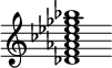 {
  % Rivin lopun pystyviiva ja tahtiosoitus piiloon.
  \override Score.BarLine.break-visibility = ##(#f #t #t)
  \override Staff.TimeSignature #'stencil = ##f
  
  <des' f' aes' ces'' ees'' ges'' bes''>1
}
