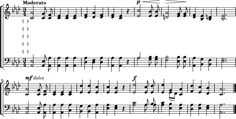 
 \transpose c aes \new ChoirStaff <<
      \new Staff \relative c' {
        \key c \major \time 3/4 \tempo "Moderato" \dynamicUp
        <<
          {
            c2 b8 \noBeam a | g4 g g | a4 c a | a4 g r | e'2\p\< d8 \noBeam d |
            c2\> b8 \noBeam b\! | a4 g fis | g2. | c2^\markup { \dynamic mf \italic dolce } b8 \noBeam a | g4 g g | f'4 f e |
            e4 d r | g2\f e8 \noBeam f8 | g4 s4 c,4 | f4 e d | c2. |
            \bar "|."
          }
          {
            e,2 e8  e | e4 e e | f4 f f | f4 e r | g2 g8  g |
            fis2 g8  g | f4 d d | d2. | e2 e8  e | e4 e e | g4 g g |
            g4 g r | g2 g8 g8 | g4 << { b4 } \\ { g8[( f]) } >> e4 | a4 g f | e2. |
          }
        >>
      }
 \addlyrics {
        \set stanza = "(一)"
        我 愛 我 培 英 學 校 校 地 清 新 東 臨 蓬 館 西 接 煙 雨 名 津 書 聲 琴 韻 花 香 鳥 語 總 宜 人 藏 修 游 息 咸 沾 教 澤 如 春
      }
 \addlyrics {
        \set stanza = "(二)"
        我 愛 我 培 英 學 校 校 舍 雲 連 巍 峨 橫 宇 聲 教 一 脈 相 傳 且 細 看 環 林 榮 映 圓 海 回 泉 胸 懷 光 霽 樂 哉 風 月 無 邊
      }
 \addlyrics {
        \set stanza = "(三)"
        我 愛 我 培 英 學 校 校 友 熙 攘 一 爐 共 冶 莫 邪 兮 與 干 將 大 好 聲 明 洋 溢 乎 中 外 四 方 願 我 校 友 奮 發 為 母 校 光
      }
 \addlyrics {
        \set stanza = "(四)"
        我 愛 我 培 英 學 校 校 旗 輝 煌 色 分 白 綠 臨 風 招 展 飛 揚 萬 眾 同 瞻 徽 儀 爭 榮 齊 日 月 有 口 共 贊 朴 游 百 世 流 芳
      }
 \addlyrics {
        \set stanza = "(五)"
        我 愛 我 培 英 學 校 優 良 傳 統 白 綠 健 兒 一 家 親 情 誼 重 信 望 與 愛 陶 鑄 英 才 為 國 用 鷹 揚 長 空 廣 沐 化 雨 春 風
      }
      \new Staff \relative c{
        \key c \major \clef bass
        <<
          {
            g2 g8 \noBeam c | c4 c c | c4 a c | c4 c r | << c2 \\ c2 >> d8 \noBeam d |
            d2 d8 \noBeam d | c4 b a | b2. | g2 g8 \noBeam c | c4 c c | b4 b c |
            c4 b r | e2 << { c8 \noBeam d8 } \\ { c8 \noBeam c8 } >>  | e4 d4 c4 | c4 c b | c2. |
          }
          {
            c,2 c8  c | c4 c c | f4 f f | c4 c r | s2 b'8 b |
            a2 g8  g | c,4 d d | g2. | c,2 c8 c | c4 c e | d4 d c |
            g'4 g r | c2 s4 | c4 g g | f4 g g | c,2. |
          }
        >>
      }
    >>
