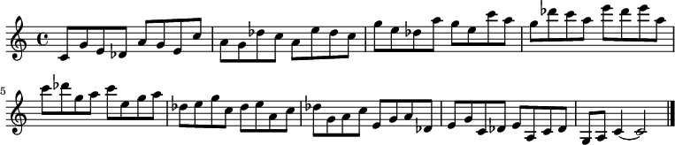 
{

\modalTranspose c c' { c des e g a } { c8 g e } 
\modalTranspose c des' { c des e g a } { c g e } 
\modalTranspose c e' { c des e g a } { c g e } 
\modalTranspose c g' { c des e g a } { c g e } 
\modalTranspose c a' { c des e g a } { c g e } 
\modalTranspose c c'' { c des e g a } { c g e } 
\modalTranspose c des'' { c des e g a } { c g e } 
\modalTranspose c e'' { c des e g a } { c g e } 
\modalTranspose c g'' { c des e g a } { c g e } 
\modalTranspose c a'' { c des e g a } { c g e } 

\modalInversion c e''' { c des e g a } { c g e } 
\modalInversion c des''' { c des e g a } { c g e } 
\modalInversion c c''' { c des e g a } { c g e } 
\modalInversion c a'' { c des e g a } { c g e } 
\modalInversion c g'' { c des e g a } { c g e } 
\modalInversion c e'' { c des e g a } { c g e } 
\modalInversion c des'' { c des e g a } { c g e } 
\modalInversion c c'' { c des e g a } { c g e } 
\modalInversion c a' { c des e g a } { c g e } 
\modalInversion c g' { c des e g a } { c g e } 
\modalInversion c e' { c des e g a } { c g e } 
\modalInversion c des' { c des e g a } { c g e } 

c'4~ c'2

\bar "|."
}
