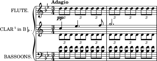 
\new GrandStaff <<
  \new Staff = "flute" \with {
    instrumentName = "FLUTE."
    midiInstrument = "flute"
  } \relative c'' {
    \key bes \major
    \time 3/4
    \tempo "Adagio"
    \tuplet 3/2 4 {d8\pp d d d d d d d d}
    \tuplet 3/2 4 {d d d d d d d d d}
  }
  \new Staff = "clarinet" \with {
    instrumentName = \markup \center-column {\line {CLAR\super{t} in B\flat.}}
    midiInstrument = "clarinet"
  } <<
    \new Voice = "first" \relative c'' {
      \voiceOne
      \transposition bes
      \key c \major
      \time 3/4
      \tempo "Adagio"
      c4 e4. f8
      g2.
    }
    \new Voice = "second" \relative c'' {
      \voiceTwo
      \transposition bes
      \key c \major
      \time 3/4
      \tempo "Adagio"
      \tuplet 3/2 4 {d,8 d d d d d d d d}
      \tuplet 3/2 4 {d d d d d d d d d}
    }
  >>
  \new Staff = "basson" \with {
    instrumentName = "BASSOONS."
    midiInstrument = "basson"
  } \relative c' {
    \clef bass
    \key bes \major
    \time 3/4
    \tempo "Adagio"
    \omit TupletNumber
    \tuplet 3/2 4 {<bes f'>8 <bes f'> <bes f'> <bes f'> <bes f'> <bes f'> <bes f'> <bes f'> <bes f'>}
    \tuplet 3/2 4 {<bes f'> <bes f'> <bes f'> <bes f'> <bes f'> <bes f'> <bes f'> <bes f'> <bes f'>}
  }
>>
\layout {
  indent = 2\cm
}
