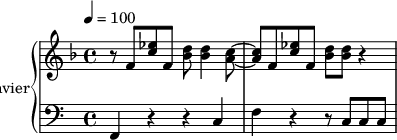 



\new PianoStaff \with {

instrumentName = "Klavier"

} <<

\new Staff = "right" \with {

midiInstrument = "acoustic grand"

} \relative c'' { 
\tempo 4 = 100 \key f \major

\time 4/4 
% Die Noten folgen hier.

r8 f,8 <ees'c> f, <d' bes>8 <d bes>4 <c a>8~ <c a> f,8 <ees'c> f, <d' bes> <d bes>8 r4

}

\new Staff = "left" \with {

midiInstrument = "acoustic grand"

} \relative c {
\clef bass

f,4 r4 r c' f r r8 c8 c c   }

>>
