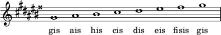  
\new Staff \with {\remove Time_signature_engraver} 
\relative gis' {\key gis \major \time 8/1 gis1 ais1 bis1 cis1 dis1 eis1 fisis1 gis1 }
\addlyrics { gis ais his cis dis eis fisis gis }
