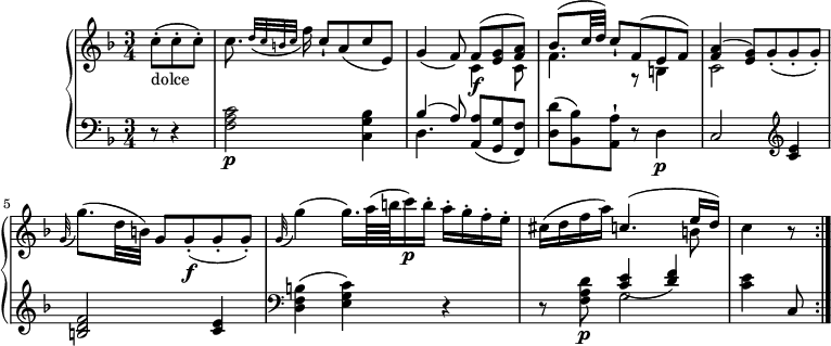 
\version "2.18.2"
\header {
  tagline = ##f
}
upper = \relative c' {
         \clef "treble" 
         \tempo " Andante cantabile"
         \key f \major
         \time 3/4 
         \tempo 4 = 60
     \partial 4. c'8-. _ \markup {dolce} (c-. c-.)
     c8. \grace { d32 ( c b c} f16) c8-! a (c e,)
     g4 (f8)   <<{\stemDown c4\f c8 f4. g,8\rest b4 c2 s4} \\ {\stemUp f8 ^(<e g>8 <f a>) bes8. ^(c32 d) c8-! f, ^(e f) <f a>4 ^(<e g>8)  g8-. (g-. g-.)}>>
     \grace g32 (g'8.) (d32 b) g8 g8-.\f (g-. g-.)
     \grace g32 (g'4) (g16.) a64 (b c16 \p) b-. a-. g-. f-. e-.
      cis (d f a)  <<{\stemDown s4. b,8} \\ {  \stemUp c4. ^( e16 d)}>>
      c4 r8 \bar ":|."
}

lower =\relative c {      
         \clef "bass" 
         \key f \major
         \time 3/4 
       \partial 4. r8 r4
        <f a c>2 \p <c g' bes>4
        <<{\stemDown d4. } \\ {\stemUp bes'4 ^(a8) }>> <a, a'>8 (<g g'> <f f'>)
        <d' d'> ^(<bes bes'>) <a a'-!> r d4\p
        c2    \clef "treble"  <c'e>4 <b d f>2 <c e>4
         \clef "bass" <d, f b>4 (<e g c>) r4
        r8 <f a d>8\p  <<{\stemDown g2} \\ {\stemUp <c e>4 (<d f>)}>>
        <c e>4  c,8 \bar ":|."
  }          
\score {
  \new PianoStaff <<  
    \new Staff = "upper" \upper
    \new Staff = "lower" \lower
  >>
  \layout {
    \context {
      \Score
      \remove "Metronome_mark_engraver"
    }
  }
  \midi { }
}
