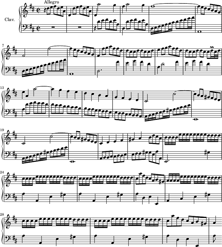 
\version "2.18.2"
\header {
  tagline = ##f
  % composer = "Domenico Scarlatti"
  % opus = "K. 298"
  % meter = "Allegro"
}

%% les petites notes
trillDqq     = { \tag #'print { d16\prall } \tag #'midi { \times 2/3 { d32 e d } } }

upper = \relative c'' {
  \clef treble 
  \key d \major
  \time 2/2
  \tempo 2 = 70
  \set Staff.midiInstrument = #"harpsichord"
  \override TupletBracket.bracket-visibility = ##f

      s8*0^\markup{Allegro}
      r4 \repeat unfold 2 { d8 e fis d e a, | d,4 } a''2 g4 | fis a2 g4 |
      % ms. 5
      fis1~ | fis4 e8 d cis b a g | fis2 fis'~ | fis4 e8 d cis b a g |
      % ms. 9
       fis4 fis'8 g a fis fis d | d cis cis d d cis cis d | e4 fis8 g a fis fis d | d cis cis d d cis cis \trillDqq cis32 d | e4 a, a'2~ |
      % ms. 14
      a4 g fis e | d cis b a | g fis e d | cis2 cis'~ |
      % ms. 18
      cis4 b8 a gis fis e d | cis2 cis'~ | cis4 b8 a gis fis e d | cis4  d e fis |
      % ms. 22
      gis4 a b8 d cis a | b16 b b b \repeat unfold 2 { e16[ e e e] } d16 d d d | \repeat unfold 2 { cis16 cis cis cis \repeat unfold 2 { e16[ e e e] } d16 d d d }
      % ms. 26
      cis8 a' fis d cis a b gis | a16 a a a \repeat unfold 2 { e'16[ e e e] } d16 d d d
      % ms. 28
      \repeat unfold 2 { cis16 cis cis cis \repeat unfold 2 { e16[ e e e] } d16 d d d } | cis8 a' fis d cis a b gis | 
      % ms. 31
      a4

}

lower = \relative c' {
  \clef bass
  \key d \major
  \time 2/2
  \set Staff.midiInstrument = #"harpsichord"
  \override TupletBracket.bracket-visibility = ##f

    % ************************************** \appoggiatura a16  \repeat unfold 2 {  } \times 2/3 { }   \omit TupletNumber 
      R1*2 | r4 d8 e fis d e a, | d,4 d'8 e fis d e a, | 
      % ms. 5
      \repeat unfold 2 { d,16 e fis g a8 b16 cis d8 e fis g16 a | a,,1 } | 
      % ms. 9
      d2. fis'4 | e g fis d | a d2 fis4 | e g fis d | a fis'8 g a g g fis |
      % ms. 14
      fis8 e e d d cis cis b | b a a g g fis fis e | e d d cis cis b b a | \repeat unfold 2 { a16 b cis d e8 fis16 gis a8 b cis d16 e |
      % ms. 18 et 21
      e,,1 } | a8 b b cis cis  d d e |
      % ms. 22
      e8 fis fis gis gis e a a, | e2. \repeat unfold 2 { gis'4 | a a, e' } gis |
      % ms. 26
      a4 d, e e, | a cis e gis |
      % ms. 28
      \repeat unfold 2 { a4 a, e' gis } | a d, e e, | 
      % ms. 31
      a'8 s8

}

thePianoStaff = \new PianoStaff <<
    \set PianoStaff.instrumentName = #"Clav."
    \new Staff = "upper" \upper
    \new Staff = "lower" \lower
  >>

\score {
  \keepWithTag #'print \thePianoStaff
  \layout {
      #(layout-set-staff-size 17)
    \context {
      \Score
     \override SpacingSpanner.common-shortest-duration = #(ly:make-moment 1/2)
      \remove "Metronome_mark_engraver"
    }
  }
}

\score {
  \keepWithTag #'midi \thePianoStaff
  \midi { }
}
