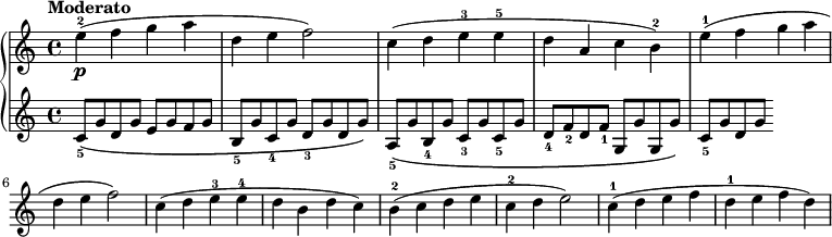 \new PianoStaff <<
\new Staff { \key c \major \tempo "Moderato" \relative c'' {
  e4-2\p( f g a d, e f2) | c4( d e-3 e-5 d a c b-2) | e-1( f g a d, e f2) | c4( d e-3 e-4 d b d c) | b-2( c d e c-2 d e2) | c4-1( d e f d-1 e f d) } }
\new Staff { \relative c' {
  c8_5\([ g' d g] e[ g f g] b,_5[ g' c,_4 g'] d_3[ g d g]\) | a,_5\([ g' b,_4 g'] c,_3[ g' c,_5 g'] d_4[ f_2 d f_1] g,[ g' g, g']\) |
  c,_5[ g' d g] } }
>> 