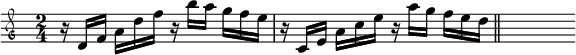 
\new Staff \with {\consists "Custos_engraver"} \relative d' {
  \override TupletNumber #'stencil = ##f
  \override TupletBracket #'stencil = ##f
  \clef mensural-g
  \time 2/4
  \times 4/6 {r16 d[ f] a[ d f]}
  \times 4/6 {r b[ a] g[ f e]}
  \times 4/6 {r c,[ e] a[ c e]}
  \times 4/6 {r a[ g] f[ e d]}
  \bar "||" s8
}
