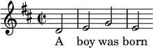 
{ 
  \key d \major \time 2/2 
  \relative c' { \partial 2 d2 | e2 g2 e2} 
  \addlyrics {A boy was born } 
}
