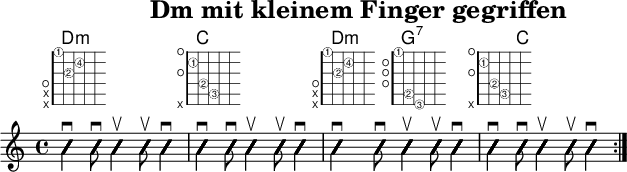 
\version "2.20.0"
\header {
  title="Dm mit kleinem Finger gegriffen"
  encoder="mjchael"
}

myShapes = {
  \new FretBoards {
    \override FretBoards.FretBoard.size = #'1.5
    \override FretBoard.fret-diagram-details.finger-code = #'in-dot
    \override FretBoard.fret-diagram-details.dot-color = #'white
    \override FretBoard.fret-diagram-details.orientation =
        #'landscape
 < d a-2  d'-4  f'-1 > 1 % Dm
 < c-3 e-2 g c'-1 e' > 1 % C
 < d a-2  d'-4  f'-1 > 4. % Dm
 < g,-3 b,-2 d g b f'-1 > 2 % G7
 s8
 < c-3 e-2 g c'-1 e' > 1 % C
  }
}

myChords = \new ChordNames { \chordmode {
    d1:m c d4.:m g2.:7 s8 c1
}}

myRhythm = { \repeat volta 4 {
  <d a  d'  f' >4\downbow 8\downbow 4\upbow 8\upbow 4\downbow
  <c e g c' e'>4\downbow 8\downbow 4\upbow 8\upbow 4\downbow
  <d a  d'  f' >4\downbow 8\downbow 
  < g, b, d g b f' >4\upbow 8\upbow 4\downbow
  <c e g c' e'>4\downbow 8\downbow 4\upbow 8\upbow 4\downbow
}}

\score { << %layout
  \myChords
  \myShapes
  \new Voice \with {
    \consists "Pitch_squash_engraver"
  }{
    \set Staff.midiInstrument = "acoustic guitar (nylon)"
    \improvisationOn
    \override NoteHead.X-offset = 0
    \myRhythm
  }
>> \layout{} }

\score { << % midi
  \unfoldRepeats {
    \tempo 4 = 120
    \time 4/4
    \key d \major
    \set Staff.midiInstrument = #"acoustic guitar (nylon)"
    \myRhythm 
    <e, b, e gis b e'>1 \upbow
  }
>> \midi{} }

\paper {
  indent=0\mm
  line-width=180\mm
  oddFooterMarkup=##f
  oddHeaderMarkup=##f
  % bookTitleMarkup=##f
  scoreTitleMarkup=##f
}
