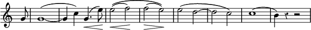 { \override Score.TimeSignature #'stencil = ##f \time 2/2 \override Score.Rest #'style = #'classical \partial 8 \relative g' { g8 | g1( ~ | g4 c) g4.(\< e'8)\! | e2\<(\( f\!) | f(\> e\!)\) | e\( d ~ | d c\) | c1( | b4) r4 r2 | } }