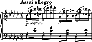 
\new PianoStaff <<
\new Staff = "Up" \with { \magnifyStaff #3/4 } <<
\new Voice \relative c' {
\clef treble
\key ges \major
\tempo "Assai allegro"
\set Score.tempoHideNote = ##t \tempo 4 = 112

\time 2/4
\stemDown
bes'16_> \p (<ges' bes>_\markup{\italic leggiero} <ces, ces'>-.) <c c'>-. des_> (<aes' des> <ees ees'>-.) <des des'>-. ges,_> (<ees' ges> <aes, aes'>-.) <a a'>-. bes_> (<f' bes> <ces! ces'!>-.) <bes bes'>-.
}
\new Voice \relative c' {
\stemUp
bes'8 s des s ges, s bes
}
>>
\new Staff = "Down" \with { \magnifyStaff #3/4 } <<
\new Voice \relative c{
\clef bass
\key ges \major
ges'8-. <des' ges>-. f,-. <aes des aes'>-. ees-. <ges bes ees>-. des-. <f bes f'>-.
}
>>
>>
