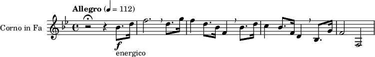 \n\\relative c'' {\n\\key bes \\major {\n \\set Staff.midiInstrument = "french horn"\n \\set Staff.instrumentName = #"Corno in Fa"\n \\transposition f\n\\tempo  "Allegro" 4 = 112\n  { r2 \\fermata r4  bes8. \\f _"energico" d16 f2. \\breathe d8. g16 f4 d8. bes16 f4 \\breathe bes8. d16 c4 bes8. f16 d4 \\breathe bes8. g'16 f2 f,2 }\n}}\n\\layout { indent = 2.5\\cm }\n