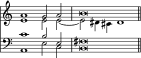 << \override Score.TimeSignature #'stencil = ##f \time 4/2 \new Staff << \new Voice { \relative a' { \stemUp a1 g2 a | b\breve \bar "||" } } \new Voice { \relative e' { \stemDown e1 e2 e _~ | e dis4 cis dis1 } } >>
\new Staff { \clef bass << \new Voice { \stemUp c'1 b2 e | fis\breve } \new Voice { \stemDown a,1 e2 c | b,\breve } >> } >>