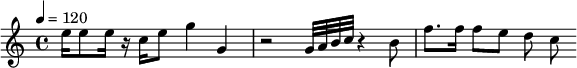 
\transpose c c' {
  \tempo 4 = 120
  e'16 e'8 e'16 r16 c'16 e'8 g'4 g4 r2 g32 a32 b32 c'32 r4 b8 f'8. f'16 f'8 e'8 d'8 c'8
}
