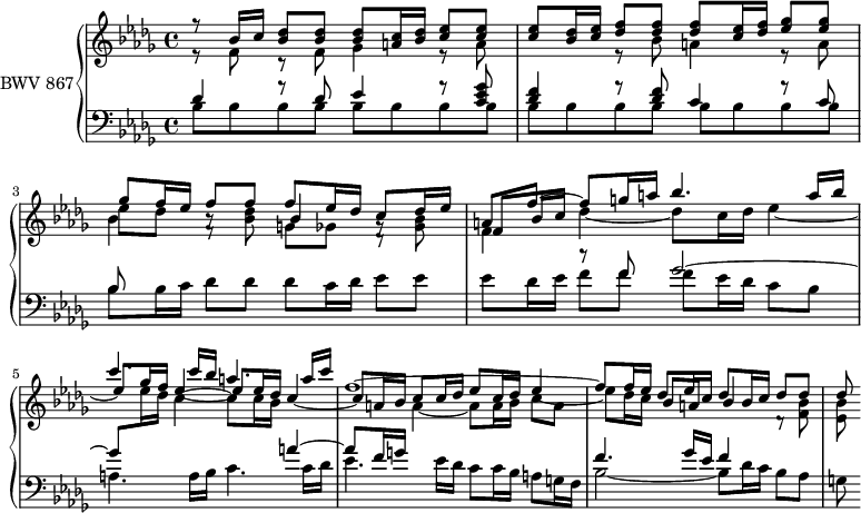 
\version "2.18.2"
\header {
  tagline = ##f
}

upper = \relative c'' {
    \clef treble 
    \key bes \minor
    \time 4/4
    \tempo 4 = 44
    \set Staff.midiInstrument = #"harpsichord" 

   %% PRÉLUDE CBT I-17, BWV 858, la bémol majeur
   << { r8 bes16 c < des bes >8 q q < c a >16 < des bes > < ees c >8 < ees c > < ees c > < des bes >16 < ees c > < f des >8 < f des > q < ees c >16 < f des > < ges ees >8 q } \\ { r8 f,8 r8 f ges4 r8 a8 s4 r8 bes8 a4 r8 a8 } >>
   % ms. 3
   << { ges'8 f16 ees f8 f f ees16 des c8 des16 ees } 
   \\ { \shiftOnnn bes4 f8\rest s8 g8 ges d8\rest } 
   \\ { \stemDown ees'8 des bes8\rest < bes des >8 \shiftOnnn \stemUp bes4 g8\rest \stemDown < ges bes >8 } >> 
   % ms. 4
   << {  a8 f'~ f g16 a bes4. a16 bes | c4. c16 bes a4. a16 c | f,1~ | f8 f16 ees des8 ees16 c des8 bes16 c des8 des des } 
   \\ { \shiftOnnn \stemUp f,8 bes16 c s4*8 c8 c16 des ees8 c16 des ees4_~ | \stemDown ees8 des16 c \stemUp \shiftOnnn bes8 a \shiftOnnn bes4 } 
   \\ { \mergeDifferentlyHeadedOn \stemDown f4  des'4_~ des8 c16 des ees4_~ \shiftOnnn \stemUp ees8 ges16 f ees4_~ \shiftOnnn ees8 ees16 des c4_~ | c8 a16 bes \stemDown  a4_~ a8 a16 bes c8 a s4*3 d,8\rest < f bes >8 < ees bes' >  } >>
   
   
}

lower = \relative c' {
    \clef bass 
    \key bes \minor
    \time 4/4
    \set Staff.midiInstrument = #"harpsichord" 

   << { des4 r8 des8 ees4 r8 < ges ees c >8 < f des >4 r8 q c4 r8 c8 } \\ { \repeat unfold 16 { bes8 } } >> |
   << { bes8 } \\ { bes8 bes16 c } >> des8 des des c16 des ees8 ees | ees des16 ees 
   << { r8 f8 ges2~ | ges8 \stemDown \change Staff = "upper" ees'16 des c4~ c8 c16 bes \stemUp  \change Staff = "lower" a4~ | a8 f16 g s4*3 | f4. ges16 ees f4 } 
   \\ { f8 f f ees16 des c8 bes | a4. a16 bes c4. c16 des| ees4. ees16 des c8 c16 bes a8 g16 f | bes2~ bes8 des16 c bes8 aes g } >>

} 

\score {
  \new PianoStaff <<
    \set PianoStaff.instrumentName = #"BWV 867"
    \new Staff = "upper" \upper
    \new Staff = "lower" \lower
  >>
  \layout {
    \context {
      \Score
      \remove "Metronome_mark_engraver"
    }
  }
  \midi { }
}
