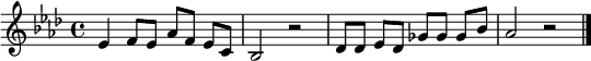 \relative c' { \key as \major \time 4/4 \tempo 4 = 165 \set Score.tempoHideNote = ##t \autoBeamOff es4 f8[ es8] as8[ f8] es8[ c8] | bes2 r2 | des8[ des8] es8[ des8] ges8[ ges8] ges8[ bes8] | as2 r2 | \bar "|." }