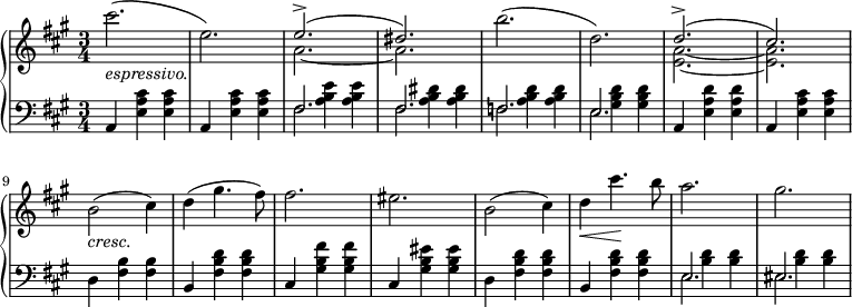 
 \relative c' {
  \new PianoStaff <<
   \new Staff { \key fis \minor \time 3/4
    \set Score.tempoHideNote = ##t
     \tempo "" 2. = 64
   { cis''2._\markup { \italic espressivo. }( e,)  }
        <<
   {\voiceOne e2.->( dis2.)} 
    \new Voice
   {\voiceTwo a2.~ a2.}
        >>
\oneVoice b'2.( d,2.)
        <<
   {\voiceOne d2.->( cis)}
    \new Voice
   {\voiceTwo <a e>~ <a e>} 
        >>
\oneVoice b2_\markup { \italic cresc. }( cis4) d( gis4. fis8) fis2. eis b2( cis4) d\< cis'4.\! b8 a2. gis
   }
   \new Dynamics {}
   \new Staff { \key fis \minor \time 3/4 \clef bass
    {a,,,4 <e' a cis> <e a cis> a,4 <e' a cis> <e a cis>}
<<
{\stemDown s4 <a b e> <a b e> s <a b dis> <a b dis> s <a b d> <a b d> s <gis b d> <gis b d> }
\\
{fis2. fis f e}
\\
{fis2. fis f e}
>>
{a,4 <e' a d> <e a d> a,4 <e' a cis> <e a cis> d <fis b> <fis b> b, <fis' b d> <fis b d> cis <gis' b fis'> <gis b fis'> cis, <gis' b eis> <gis b eis> d <fis b d> <fis b d> b, <fis' b d> <fis b d> }
<<
{\stemDown s4 <b d> <b d> s <b d> <b d>}
\\
{e,2. eis2.}
\\
{e2. eis2.}
>>
}
  >>
 }
