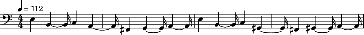 \relative c'
{\tempo 4 = 112 \numericTimeSignature \time 4/4
\clef bass e,4 b~b16 c4 a~a16 fis4 g~g16 a4~a16 e'4 b~b16 c4 gis~gis16 fis4 gis~gis16 a4~a16}
