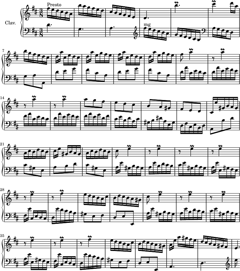 
\version "2.18.2"
\header {
  tagline = ##f
  % composer = "Domenico Scarlatti"
  % opus = "K. 416"
  % meter = "Presto"
}

%% les petites notes
trillE       = { \tag #'print { e4\prall } \tag #'midi { fis32 e fis e~ e8 } }
trillCis     = { \tag #'print { cis4\prall } \tag #'midi { d32 cis d cis~ cis8 } }
trillA       = { \tag #'print { a4\prall } \tag #'midi { b32 a b a~ a8 } }
trillFis     = { \tag #'print { fis4\prall } \tag #'midi { g32 fis g fis~ fis8 } }
trillBpUpUp  = { \tag #'print { b''4.\prall } \tag #'midi { cis32 b cis b~ b4 } }

upper = \relative c'' {
  \clef treble 
  \key d \major
  \time 3/8
  \tempo 4. = 82

      s8*0^\markup{Presto}
      fis16 e d cis b a  | b' a g fis e d | cis b a g fis e | d4. \trillBpUpUp | \trillCis d16 a |
      % ms. 7
      b16 g fis e d cis | d[ a'] cis, e d cis | d[ a'] e g fis e  | fis[ a] cis, e d cis | d[ a'] e g fis e | fis8 \trillA
      % ms. 13
      \repeat unfold 3 { r8 \trillA } | a8 g fis | e d cis | b a gis |
      % ms. 19
      fis8 e d | cis16 e' gis, b a gis | a cis b d cis b | cis[ e] gis, b a gis | a cis b d cis b | cis8 \trillE 
      % ms. 25
      \repeat unfold 4 { r8 \trillE } | r8 \trillFis | e16 d cis b a cis | 
      % ms. 31
      b16 d cis b a gis | cis8 \trillE | \repeat unfold 4 { r8 \trillE } |
      % ms. 37
      r8 \trillFis | e16 d cis b a cis | b d cis b a gis | a[ e'] a gis fis e | d cis b a gis fis e4.*1/4 |

}

lower = \relative c' {
  \clef bass
  \key d \major
  \time 3/8

    % ************************************** \appoggiatura a16  \repeat unfold 2 {  } \times 2/3 { }   \omit TupletNumber 
      d4. g, a |   \clef treble fis''16^\markup{mg} e d cis b a | g fis e d cis b   \clef bass a g fis e d8 |
      % ms. 7
      g8 a a, | \repeat unfold 2 { d' e g | fis cis a } | d16[ a'] cis, e d cis |
      % ms. 13
      d16 a' e g fis e  | fis a cis, e d cis | d16 a' e g fis e | fis a e g d fis | cis e b d a cis | gis b dis a e gis |
      % ms. 19
      d16 fis cis e b d | a8 b' d | cis gis e | a b d | cis gis e | \repeat unfold 2 { a16[ e'] gis, b a gis |
      % ms. 25
      a16 e' b d cis b | cis e gis, b a gis | a[ e'] e, gis fis e  | fis[ e'] cis, e d cis | d e' d cis b a | gis8 e fis |
      % ms. 31
      d8 e e, }
      % ms. 40
      a4. d \clef treble e''16

}

thePianoStaff = \new PianoStaff <<
    \set PianoStaff.instrumentName = #"Clav."
    \new Staff = "upper" \upper
    \new Staff = "lower" \lower
  >>

\score {
  \keepWithTag #'print \thePianoStaff
  \layout {
      #(layout-set-staff-size 17)
    \context {
      \Score
     \override TupletBracket.bracket-visibility = ##f
     \override SpacingSpanner.common-shortest-duration = #(ly:make-moment 1/2)
      \remove "Metronome_mark_engraver"
    }
  }
}

\score {
  \keepWithTag #'midi \thePianoStaff
  \midi { \set Staff.midiInstrument = #"harpsichord" }
}
