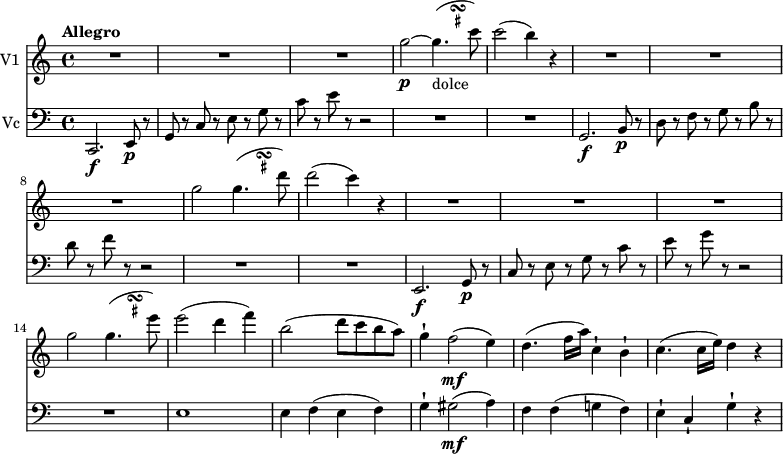 
<<
\new Staff \with { instrumentName = #"V1 "}  \relative c'' {
    \version "2.18.2"
    \key c \major 
    \tempo "Allegro"
    \tempo 4 = 130
    \time 4/4
    R1 R1 R1
    g'2\p ~ \transpose f g \relative c'' <<
         { f4._\markup{dolce} ( b8) }
         {
           s4
           \once \set suggestAccidentals = ##t
           \once \override AccidentalSuggestion.outside-staff-priority = ##f
           \once \override AccidentalSuggestion.avoid-slur = #'inside
           \once \override AccidentalSuggestion.font-size = -3
           \once \override AccidentalSuggestion.script-priority = -1
           \single \hideNotes
           b8-\turn \noBeam
           s8
} >> c2 (b4) r R1 R1 R1
g2 \transpose f g \relative c'' <<
         { f4.( c'8) }
         {
           s4
           \once \set suggestAccidentals = ##t
           \once \override AccidentalSuggestion.outside-staff-priority = ##f
           \once \override AccidentalSuggestion.avoid-slur = #'inside
           \once \override AccidentalSuggestion.font-size = -3
           \once \override AccidentalSuggestion.script-priority = -1
           \single \hideNotes
           b8-\turn \noBeam
           s8
} >> d'2 (c4) r R1 R1 R1
g2 \transpose f g \relative c'' <<
         { f4.( d'8) }
         {
           s4
           \once \set suggestAccidentals = ##t
           \once \override AccidentalSuggestion.outside-staff-priority = ##f
           \once \override AccidentalSuggestion.avoid-slur = #'inside
           \once \override AccidentalSuggestion.font-size = -3
           \once \override AccidentalSuggestion.script-priority = -1
           \single \hideNotes
           cis8-\turn \noBeam
           s8
} >> e'2 (d4 f) b,2 (d8 c b a)
g4-! f2\mf (e4)
d4. (f16 a) c,4-! b-!
c4. (c16 e) d4 r
}

\new Staff \with { instrumentName = #"Vc "} \relative c {
    \key c \major 
    \clef "bass"
    \time 4/4
     c,2. \f e8\p r 
     g r c r e r g r
     c r e  r r2 R1 R1
     g,,2. \f b8\p r 
     d r f r g r b r
     d r f  r r2 R1 R1
     e,,2. \f g8\p r 
     c r e r g r c r
     e r g  r r2 R1 
     e,1 e4 f (e f) g-! gis2\mf (a4)
     f f (g! f)
     e-! c-! g'-! r
}
>>
