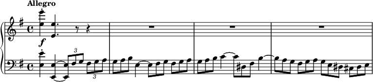 \new PianoStaff <<
  \new Staff = "upper" \new Voice \relative c'' {
    \override TupletBracket.bracket-visibility = ##f
    \time 4/4
    \key e \minor
    \tempo "Allegro"
    \omit TupletNumber
    <e e'>4-.\f <e, e'>4. r8 r4 | R1*3 
  }
  \new Staff = "lower" \new Voice \relative c {
    \override TupletBracket.bracket-visibility = ##f
    \time 4/4
    \key e \minor
    \clef "bass"
    <e e'>4-. <e e,>4~ \tuplet 3/2 { <e e,>8 fis g } \tuplet 3/2 { fis g a } |
    \omit TupletNumber
    \tuplet 3/2 { g a b } e,4~ \tuplet 3/2 { e8 fis g } \tuplet 3/2 { fis g a } |
    \tuplet 3/2 { g a b } c4~ \tuplet 3/2 { c8 dis, fis } b4~ |
    \tuplet 3/2 { b8 a g } \tuplet 3/2 { fis g a } \tuplet 3/2 { g e dis } \tuplet 3/2 { cis dis e } |
  }
>>
