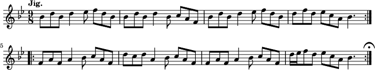 { \relative b' { \key bes \major \time 9/8 \tempo "Jig."
\repeat volta 2 {
 bes8 d bes d4 ees8 f d bes | bes d bes d4 bes8 c a f |
 bes d bes d4 ees8 f d bes | d f d ees c a bes4. }
\repeat volta 2 {
 f8 a f a4 bes8 c a f | d' c d a4 bes8 c a f |
 f a f a4 bes8 c a f | d'16 ees f8 d ees c a bes4. } \mark \markup { \musicglyph "scripts.ufermata" } } }