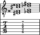  
<<
  %\override Score.BarLine.break-visibility = ##(#f #t #t)
  \time 2/1
    \new Staff  {
    \clef "treble_8"
        \once \override Staff.TimeSignature #'stencil = ##f
        < dis fisis cis' eisis' >1 | < ees g des' fis' >1 |
    }

     \new TabStaff {
       \override Stem #'transparent = ##t
       \override Beam #'transparent = ##t 
      s2 < dis\5 g\4 cis'\3 fis'\2 >1 s2
  }
>>
