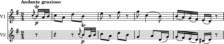 
<<
  \new Staff \with { instrumentName = #"V1 "}  
  \relative c'' {
     \version "2.18.2"
     \key g \major
     \tempo "Andante grazioso"
     \time 2/4
    s4 s8  \grace c32 (b16) \trill \p a32 b
    c8 a d b
    e r8 fis r8
    g c,4 (b8)
    b16 (a) g (fis) e (d) r8
  }
  \new Staff \with { instrumentName = #"V2 "}
  \relative c'' {
    \key g \major
    \time 2/4
    s4 s8
     r8 r4 r8  \grace c32 (b16)\trill\p a32 b
    c8 a d b
    g4 a8 d,16 (g)
    g (fis) e (d) cis (d) r8
  }
>>
