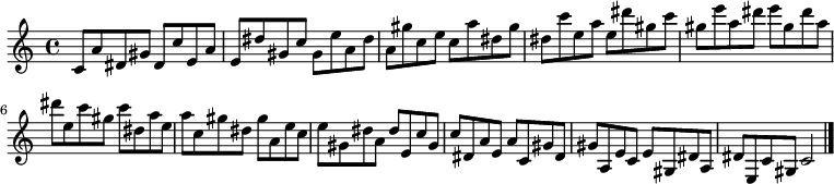 
{

\modalTranspose c c' { c dis e gis a } { c8 a dis gis } 
\modalTranspose c dis' { c dis e gis a } { c a dis gis } 
\modalTranspose c e' { c dis e gis a } { c a dis gis } 
\modalTranspose c gis' { c dis e gis a } { c a dis gis } 
\modalTranspose c a' { c dis e gis a } { c a dis gis } 
\modalTranspose c c'' { c dis e gis a } { c a dis gis } 
\modalTranspose c dis'' { c dis e gis a } { c a dis gis } 
\modalTranspose c e'' { c dis e gis a } { c a dis gis } 
\modalTranspose c gis'' { c dis e gis a } { c a dis gis } 

\modalInversion c e''' { c dis e gis a } { c a dis gis } 
\modalInversion c dis''' { c dis e gis a } { c a dis gis } 
\modalInversion c c''' { c dis e gis a } { c a dis gis } 
\modalInversion c a'' { c dis e gis a } { c a dis gis } 
\modalInversion c gis'' { c dis e gis a } { c a dis gis } 
\modalInversion c e'' { c dis e gis a } { c a dis gis } 
\modalInversion c dis'' { c dis e gis a } { c a dis gis } 
\modalInversion c c'' { c dis e gis a } { c a dis gis } 
\modalInversion c a' { c dis e gis a } { c a dis gis } 
\modalInversion c gis' { c dis e gis a } { c a dis gis } 
\modalInversion c e' { c dis e gis a } { c a dis gis } 
\modalInversion c dis' { c dis e gis a } { c a dis gis } 

c'2

\bar "|."
}
