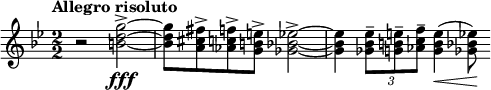  \relative c''' { \clef treble \key g \minor \tempo "Allegro risoluto" \numericTimeSignature \time 2/2 r2 <g d b>2~->\fff | <g d b>8 <fis cis a>-> <f c aes>-> <e b g>-> <ees bes ges>2->~ | <ees bes ges>4 \times 2/3 { <ees bes ges>8-- <e b g>-- <f c aes>-- } <e b g>4(\< <ees bes ges>8)\! } 