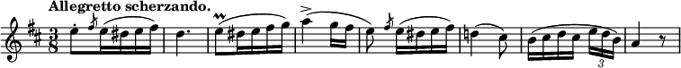 
\relative c'' {
 \set Score.tempoHideNote = ##t \tempo "Allegretto scherzando." 4.=72 \key d \major \time 3/8
 e8-. \slashedGrace fis e16( dis e fis) d4. e8^\prall ( dis16 e fis g)
 a4->( g16 fis e8) \slashedGrace fis e16( [ dis e fis] ) d!4( cis8)
 b16( [ cis d cis] \times 2/3 { e d b) } a4 r8
}
