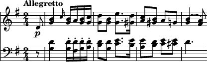 
\version "2.18.2"
<<
  \new Staff  \relative c' {
         \clef "treble" 
         \tempo "Allegretto"
         \key g \major
         \time 2/4         
      \partial 8 d8 \p        
       <g b>4  \grace c16 <g b>16 a <g b> <g c> <g d'>8  <g b> <g e'>8.  <gis d'>16 <a c>8  <gis b> a g! <g b>4 ^(<fis a>8)     
}

 \new Staff \relative c {      
         \clef "bass" 
         \key g \major
         \time 2/4 
         \tempo 4 = 90
        \partial 8 r8 <g' d'>4 <g d'-.>16 <fis d'-.> <g d'-.> <a d-.> <b d>8 <g d'>
        <c e>8. <b e>16 <a e'>8 <b d> <c e> <cis e> d4.    
 }
>>
