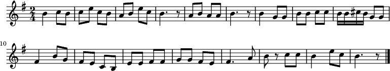 {
\key g \major \time 2/4 \relative g' {
 b4 c8 b8| c8 e8 c8 b8| a8 b8 e8 c8| b4. r8|
 a8 b8 a8 a8| b4. r8|
 b4 g8 g8| b8 b8 c8 c8| b16 b16 cis16 b16 g8 g8| fis4 b8 g8|
 fis8 e8 c8 b8| e8 e8 fis8 fis8| g8 g8 fis8 e8| fis4. a8|
 b8 r8 c8 c8| b4 e8 c8| b4. r8 \bar "|."
 }
\addlyrics {
 お え ど に ほん ば し な な つ だ ち は つ の ぼ り
 ぎょう れ つ そ ろ え て あ れ わ い さ の さ
 コ チャ た か な わ よ あ け て ちょ う ち ー ん け す
 コ チャ エ コ チャ エ
 }
}