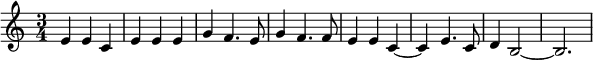 
\relative c' {
\numericTimeSignature
  \key c \major \time 3/4
  e4 e4 c4 e4 e4 e4 g4 f4. e8 g4 f4. f8 e4 e4 c4~c4 e4. c8 d4 b2~b2.\relative c'' {
}}
