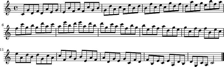 
{

\modalTranspose c c' { c d e f g a b } { c8 g d f }
\modalTranspose c d' { c d e f g a b } { c g d f }
\modalTranspose c e' { c d e f g a b } { c g d f }
\modalTranspose c f' { c d e f g a b } { c g d f }
\modalTranspose c g' { c d e f g a b } { c g d f }
\modalTranspose c a' { c d e f g a b } { c g d f }
\modalTranspose c b' { c d e f g a b } { c g d f }
\modalTranspose c c'' { c d e f g a b } { c g d f }
\modalTranspose c d'' { c d e f g a b } { c g d f }
\modalTranspose c e'' { c d e f g a b } { c g d f }
\modalTranspose c f'' { c d e f g a b } { c g d f }
\modalTranspose c g'' { c d e f g a b } { c g d f }
\modalTranspose c a'' { c d e f g a b } { c g d f }

\modalInversion c e''' { c d e f g a b } { c g d f }
\modalInversion c d''' { c d e f g a b } { c g d f }
\modalInversion c c''' { c d e f g a b } { c g d f }
\modalInversion c b'' { c d e f g a b } { c g d f }
\modalInversion c a'' { c d e f g a b } { c g d f }
\modalInversion c g'' { c d e f g a b } { c g d f }
\modalInversion c f'' { c d e f g a b } { c g d f }
\modalInversion c e'' { c d e f g a b } { c g d f }
\modalInversion c d'' { c d e f g a b } { c g d f }
\modalInversion c c'' { c d e f g a b } { c g d f }
\modalInversion c b' { c d e f g a b } { c g d f }
\modalInversion c a' { c d e f g a b } { c g d f }
\modalInversion c g' { c d e f g a b } { c g d f }
\modalInversion c f' { c d e f g a b } { c g d f }
\modalInversion c e' { c d e f g a b } { c g d f }
\modalInversion c d' { c d e f g a b } { c g d f }


c'2

\bar "|."
}
