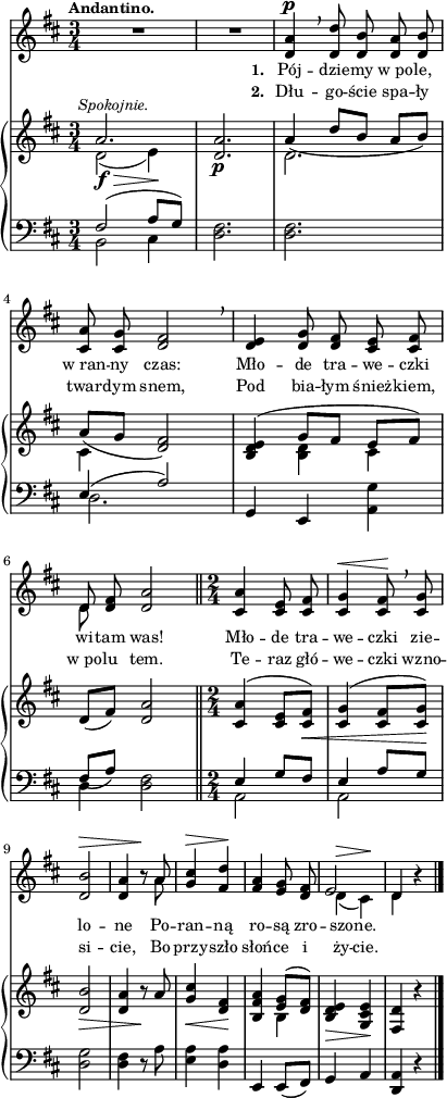 
sVarB = { << { \voiceOne a2.^\markup { \halign #-0.5 \small \italic "Spokojnie." } | <d, a'> | a'4_( d8[b] a[b]) | a_([g] <d fis>2) | <b d e>4( g'8[fis] e[fis]) } \new Voice { \voiceTwo d2_\f_\>( e4\!) | s2._\p | d2. | cis4 s2 | s4 <b d> cis } >> | \oneVoice d8([fis]) <d a'>2 \bar "||" \time 2/4 <cis a'>4^( <cis e>8[<cis fis>_\<]) | <cis g'>4^( <cis fis>8[<cis g'>\!]) | <d b'>2_\> | <d a'>4 r8\! a' | <g cis>4_\< <fis d>\! | <b, fis' a> << { \voiceOne <e g>8([<d fis>]) } \new Voice { \voiceTwo b4 } >> | \oneVoice <b d e>_\> <g cis e>\! | <fis d'> r \bar "|." }

sVarA = { R2.*2 | <d a'>4^\p \breathe <d d'>8 <d b'> <d a'> <d b'> | <cis a'> <cis g'> <d fis>2 \breathe | % w1
<d e>4 <d g>8 <d fis> <cis e> <cis fis> | << { \voiceOne d } \new Voice { \voiceTwo d } >> \oneVoice <d fis> <d a'>2 \bar "||" \time 2/4 <cis a'>4 <cis e>8 <cis fis> | <cis g'>4^\< <cis fis>8\! \breathe <cis g'> | <d b'>2^\> | <d a'>4 r8\! << { \voiceOne a' } \new Voice { \voiceTwo a } >> \oneVoice | <g cis>4^\> <fis d'>\! | <fis a> <e g>8 <d fis> | << { \voiceOne e2 | d4 } \new Voice { \voiceTwo d^\>( cis\!) | d } >> \oneVoice r | \bar "|." }

lVarA = \lyricmode { \set stanza = "1. " Pój -- dzie -- my w_po -- le, w_ran -- ny czas: Mło -- de tra -- we -- czki wi -- tam was! Mło -- de tra -- we -- czki zie -- lo -- ne Po -- ran -- ną ro -- są zro -- szo -- ne. }

lVarB = \lyricmode { \set stanza = "2. " Dłu -- go -- ście spa -- ły twar -- dym snem, Pod bia -- łym śnież -- kiem, w_po -- lu tem. Te -- raz głó -- we -- czki wzno -- si -- cie, Bo przy -- szło słoń -- ce i ży -- cie. }

sVarC = { << { \voiceOne fis2( a8[g]) } \new Voice { \voiceTwo b,2 cis4 } >> | \oneVoice <d fis>2. | <d fis>2. | << { \voiceOne e4( a2) } \new Voice { \voiceTwo d,2. } >> | % w1
\oneVoice g,4 e <a g'> | << { \voiceOne fis'8_([a]) } \new Voice { \voiceTwo d,4 } >> \oneVoice <d fis>2 \bar "||" \time 2/4 << { \voiceOne e4 g8[fis] | e4 a8[g] } \new Voice { \voiceTwo a,2 | a } >> | \oneVoice <d g>2 | <d fis>4 r8 a' | <e a>4 <d a'> | e, e8([fis]) g4 a | <d, a'> r \bar "|." }

\paper { #(set-paper-size "a4")
 oddHeaderMarkup = "" evenHeaderMarkup = "" }
\header { tagline = ##f }
\version "2.18.2"
\score {
\midi {  }
\layout { line-width = #100
indent = 0\cm}
<<
  \new Staff { \clef "violin" \key d \major \time 3/4 \tempo \markup { \small \bold "Andantino." } \autoBeamOff \relative d' { \sVarA } }
  \addlyrics { \small \lVarA }
  \addlyrics { \small \lVarB }
  \new PianoStaff <<
    \new Staff = "up" { \clef "violin" \key d \major \time 3/4 \relative a' { \sVarB } }
    \new Staff = "down" { \clef "bass" \key d \major \time 3/4 \relative f { \sVarC } }
  >>
>> }