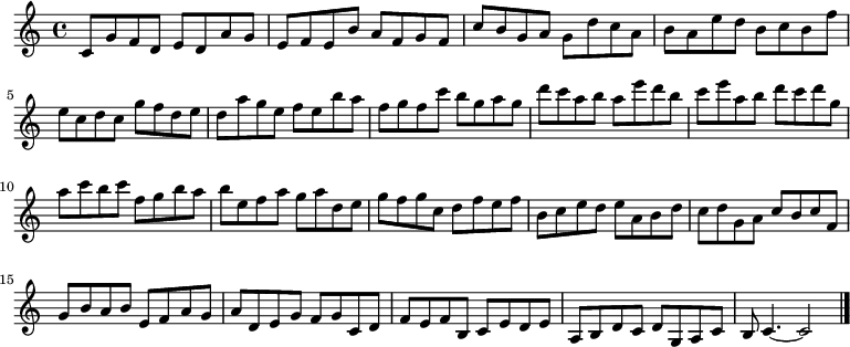 
{

\modalTranspose c c' { c d e f g a b } { c8 g f d e }
\modalTranspose c d' { c d e f g a b } { c g f d e }
\modalTranspose c e' { c d e f g a b } { c g f d e }
\modalTranspose c f' { c d e f g a b } { c g f d e }
\modalTranspose c g' { c d e f g a b } { c g f d e }
\modalTranspose c a' { c d e f g a b } { c g f d e }
\modalTranspose c b' { c d e f g a b } { c g f d e }
\modalTranspose c c'' { c d e f g a b } { c g f d e }
\modalTranspose c d'' { c d e f g a b } { c g f d e }
\modalTranspose c e'' { c d e f g a b } { c g f d e }
\modalTranspose c f'' { c d e f g a b } { c g f d e }
\modalTranspose c g'' { c d e f g a b } { c g f d e }
\modalTranspose c a'' { c d e f g a b } { c g f d e }

\modalInversion c e''' { c d e f g a b } { c g f d e }
\modalInversion c d''' { c d e f g a b } { c g f d e }
\modalInversion c c''' { c d e f g a b } { c g f d e }
\modalInversion c b'' { c d e f g a b } { c g f d e }
\modalInversion c a'' { c d e f g a b } { c g f d e }
\modalInversion c g'' { c d e f g a b } { c g f d e }
\modalInversion c f'' { c d e f g a b } { c g f d e }
\modalInversion c e'' { c d e f g a b } { c g f d e }
\modalInversion c d'' { c d e f g a b } { c g f d e }
\modalInversion c c'' { c d e f g a b } { c g f d e }
\modalInversion c b' { c d e f g a b } { c g f d e }
\modalInversion c a' { c d e f g a b } { c g f d e }
\modalInversion c g' { c d e f g a b } { c g f d e }
\modalInversion c f' { c d e f g a b } { c g f d e }
\modalInversion c e' { c d e f g a b } { c g f d e }
\modalInversion c d' { c d e f g a b } { c g f d e }

c'4.~ c'2

\bar "|."
}
