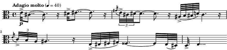 
{ \key a \minor \tempo "Adagio molto" 4=40 \time 4/4 \relative c' 
{\clef alto
e32->\p cis8..~cis8. r16 dis32-> eis8..~eis8. r16
\acciaccatura gis \tuplet 3/2 {e32-> cis dis~} dis8.~dis8. r16 ais64-> (b bis d) cis4. r16
\acciaccatura e \tuplet 3/2 {c32-> b a} ais4. r16 e64-> (eis fis gis) fisis4.~ fisis32 eis64(dis)
d32-> e4...}
}
