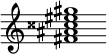 {
  % Rivin lopun pystyviiva ja tahtiosoitus piiloon.
  \override Score.BarLine.break-visibility = ##(#f #t #t)
  \override Staff.TimeSignature #'stencil = ##f
  
  <fis' ais' cisis'' eis'' gis''>1
}
