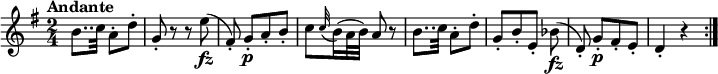 
\version "2.18.2"
\relative c'' {
  \key g \major
  \time 2/4
  \tempo "Andante "
  \tempo 4 = 44
  b8.. c32 a8-. d-.
  g,-. r r e'\fz
  (fis,-.) g-.\p [a-. b-.]
  c \grace c32 (b16) (a32 b) a8 r
  b8.. c32 a8-. d-.
  g,-. [b-. e,-.] bes'\fz
  (d,-.) g-.\p [fis-. e-.]
  d4-. r \bar ":|."
}
