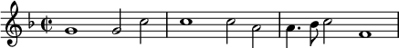 
\relative c''
{
\key f \major
\time 2/2
\autoBeamOff
\clef treble
\override Score.BarLine.stencil = ##f
g1 g2 c
\revert Score.BarLine.stencil
c1 
\override Score.BarLine.stencil = ##f
c2 \stemDown a
\revert Score.BarLine.stencil
a4. bes8 c2 
\override Score.BarLine.stencil = ##f
f,1
\revert Score.BarLine.stencil
}
