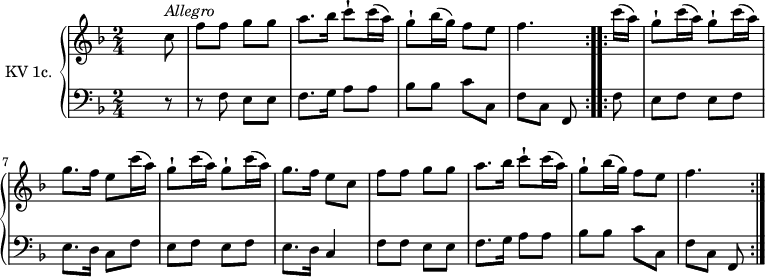 
\version "2.14.2"
\header {
  tagline = ##f
}
upper =  \relative c'' { 
         \clef "treble" 
         \tempo "Allegro" 
         \key f \major
         \time 2/4 
         \tempo 4 = 100
         \tempo "Allegro"          
         \set Staff.midiInstrument = #"dulcimer"

    \repeat volta 2 { s4. c8^\markup \italic { Allegro }
     f f g g 
     a8. bes16 c8-! c16 (a) 
     g8-! bes16 (g) f8 e
     f4.}
    \repeat volta 2 { c'16 (a) g8-!  c16 (a)  g8-! c16 (a)
     g8. f16 e8 c'16 (a)
     g8-!  c16 (a)  g8-! c16 (a)
      g8. f16 e8 c
      f f g g
      a8. bes16 c8-! c16 (a)
      g8-! bes16 (g) f8 e
      f4.
    }
      }
       
lower = \relative c {
        \clef "bass" 
        \key f \major
        \time 2/4 
        \set Staff.midiInstrument = #"harpsichord"
       
     \repeat volta 2 { s4. r8
      r8 f8 e e f8. g16 a 8 a bes bes c c,
      f c f, } 
     \repeat volta 2 {
     f'8
     e f e f
     e8. d16 c8 f
     e f e f
     e8. d16 c4
     f8 f e e
      f8. g16 a8 a
      bes bes c c,
      f c f,
     }    
} 

\score {
  \new PianoStaff <<
    \set PianoStaff.instrumentName = #"KV 1c."
    \new Staff = "upper" \upper
    \new Staff = "lower" \lower
  >>
  \layout {
    \context {
      \Score
      \remove "Metronome_mark_engraver"
    }
  }
  \midi { }
}
