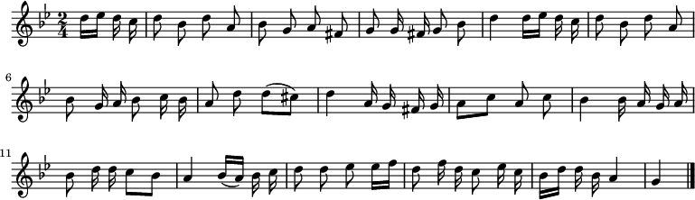 
\relative c'' {
  \key g \minor
  \time 2/4
  \partial 4
  \autoBeamOff
  d16[ ees] d c
  d8 bes d a
  bes g a fis
  g g16 fis g8 bes
  d4 d16[ ees] d c
  d8 bes d a

  bes g16 a bes8 c16 bes
  a8 d d[( cis])
  d4 a16 g fis g
  a8[ c] a c
  bes4 bes16 a g a
  bes8 d16 d c8[ bes]

  a4 bes16[( a]) bes c
  d8 d ees ees16[ f]
  d8 f16 d c8 ees16 c
  bes[ d] d bes a4
  g
  \bar "|."
}
