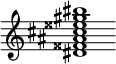 {
  % Rivin lopun pystyviiva ja tahtiosoitus piiloon.
  \override Score.BarLine.break-visibility = ##(#f #t #t)
  \override Staff.TimeSignature #'stencil = ##f
  
  <dis' fisis' ais' cis'' eisis'' gis'' bis''>1
}
