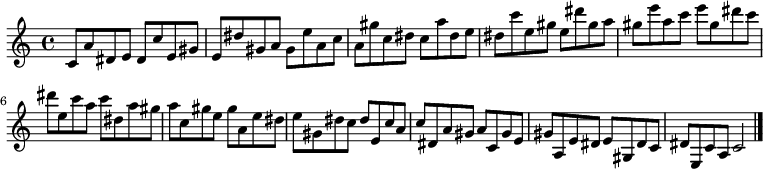 
{

\modalTranspose c c' { c dis e gis a } { c8 a dis e } 
\modalTranspose c dis' { c dis e gis a } { c a dis e } 
\modalTranspose c e' { c dis e gis a } { c a dis e } 
\modalTranspose c gis' { c dis e gis a } { c a dis e } 
\modalTranspose c a' { c dis e gis a } { c a dis e } 
\modalTranspose c c'' { c dis e gis a } { c a dis e } 
\modalTranspose c dis'' { c dis e gis a } { c a dis e } 
\modalTranspose c e'' { c dis e gis a } { c a dis e } 
\modalTranspose c gis'' { c dis e gis a } { c a dis e } 

\modalInversion c e''' { c dis e gis a } { c a dis e } 
\modalInversion c dis''' { c dis e gis a } { c a dis e } 
\modalInversion c c''' { c dis e gis a } { c a dis e } 
\modalInversion c a'' { c dis e gis a } { c a dis e } 
\modalInversion c gis'' { c dis e gis a } { c a dis e } 
\modalInversion c e'' { c dis e gis a } { c a dis e } 
\modalInversion c dis'' { c dis e gis a } { c a dis e } 
\modalInversion c c'' { c dis e gis a } { c a dis e } 
\modalInversion c a' { c dis e gis a } { c a dis e } 
\modalInversion c gis' { c dis e gis a } { c a dis e } 
\modalInversion c e' { c dis e gis a } { c a dis e } 
\modalInversion c dis' { c dis e gis a } { c a dis e } 

c'2

\bar "|."
}
