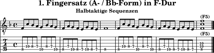 
\version "2.20.0"
\header {
  title="1. Fingersatz (A- / Bb-Form) in F-Dur"
  subtitle="Halbtaktige Sequenzen"
}
%% Diskant- bzw. Melodiesaiten
Diskant = \relative c {
  \set TabStaff.minimumFret = #7
  \set TabStaff.restrainOpenStrings = ##t
  \key f \major
  f8 c' bes a   g bes a g
  f a g f e g f e  f1
  f8 c' bes a   g bes a g
  f a g f e g f e  <f c' f>1^\markup { \bold {(F5)} }
  \bar "|."
}

%% Layout- bzw. Bildausgabe
\score {
  <<
    \new Voice  { 
      \clef "treble_8" 
      \time 4/4  
      \tempo 4 = 120 
      \set Score.tempoHideNote = ##t
      \Diskant 
    }
    \new TabStaff { \tabFullNotation \Diskant }
  >>
  \layout {}
}

%% Midiausgabe mit Wiederholungen, ohne Akkorde
\score {
  <<
    \unfoldRepeats {
      \new Staff  <<
        \tempo 4 = 120
        \time 4/4
        \set Staff.midiInstrument = #"acoustic guitar (nylon)"
        \clef "G_8"
        \Diskant
      >>
    }
  >>
  \midi {}
}
%% unterdrückt im raw="!"-Modus das DinA4-Format.
\paper {
  indent=0\mm
  %% DinA4 = 210mm - 10mm Rand - 20mm Lochrand = 180mm
  line-width=180\mm
  oddFooterMarkup=##f
  oddHeaderMarkup=##f
  % bookTitleMarkup=##f
  scoreTitleMarkup=##f
}
